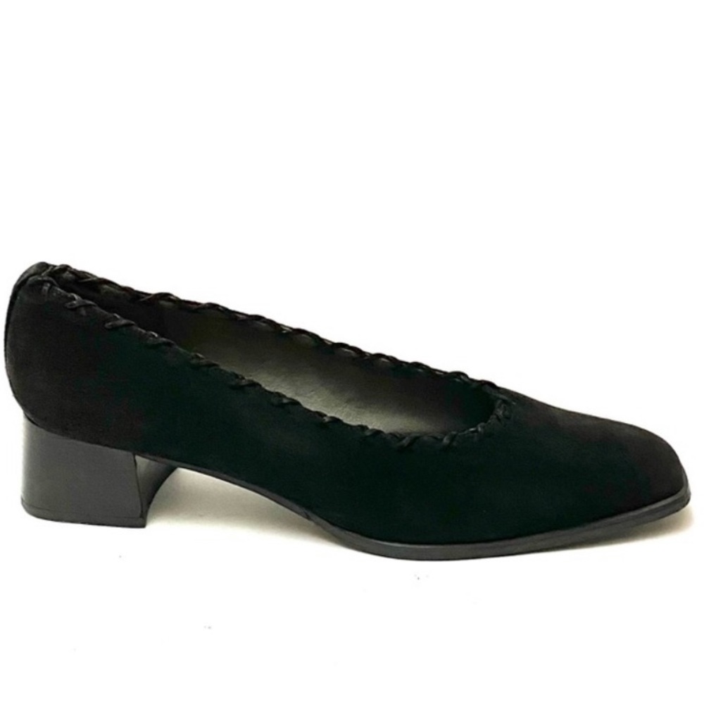 Stuart Weitzman Bixby Black Suede Cross Stitching Block Heel Shoe - Picture 2 of 8
